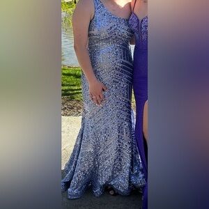 Elegant Silver and Purple Evening Gown